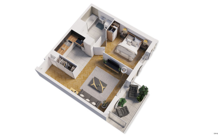 plan 3D d'un appartement avec une chambre et un balcon, sur parquet