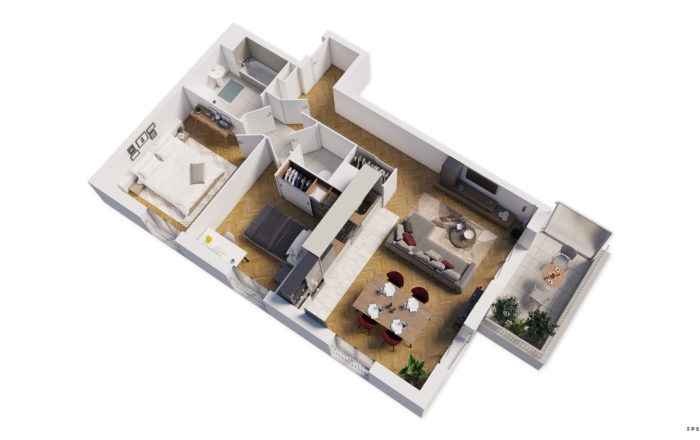 plan 3D d'un appartement avec deux chambres et un balcon, sur parquet